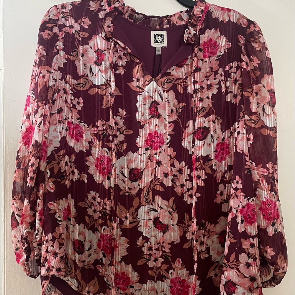 Anne Klein Burgundy and Pink Floral Blouse